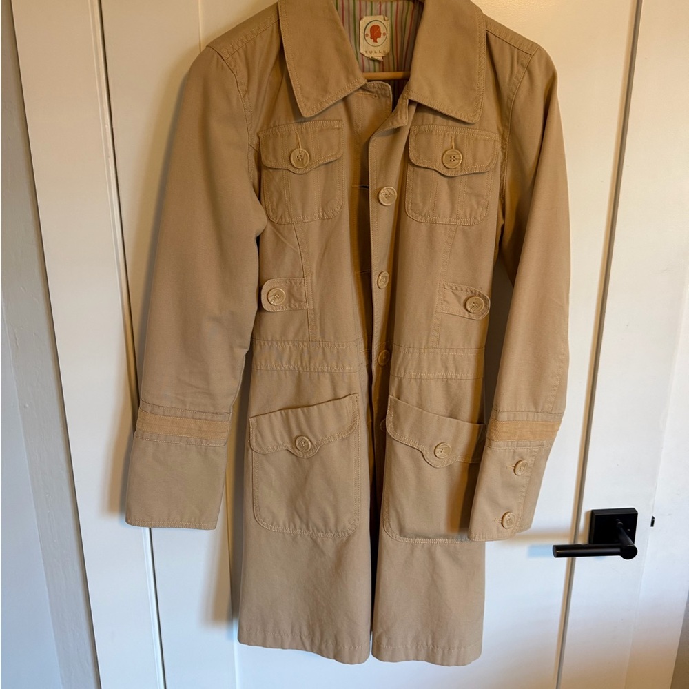 Tulle Beige Lightweight Coat with Multicolor Stripe Lining